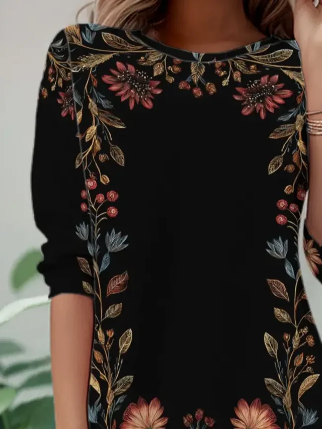 T-shirts Décontracté Floral Printemps / Automne Aucune élasticité Ample Jersey Manches Longues Col Rond Régulier pour Femmes