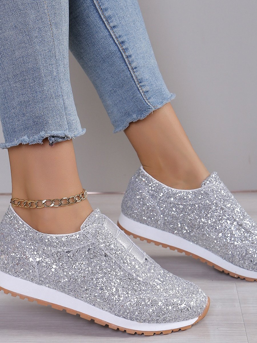 Chaussures à Tige Basse Décontracté Plain Toutes Les Saisons Brillant Respirable Domestique Tissu de Maille PU à Enfiler pour Femmes