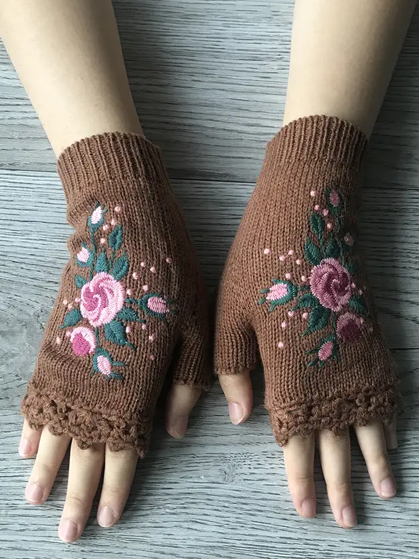 Gants Femmes Élégant Floral Hiver Tricoté Joint Fendu Faire la navette chaleur Régulier