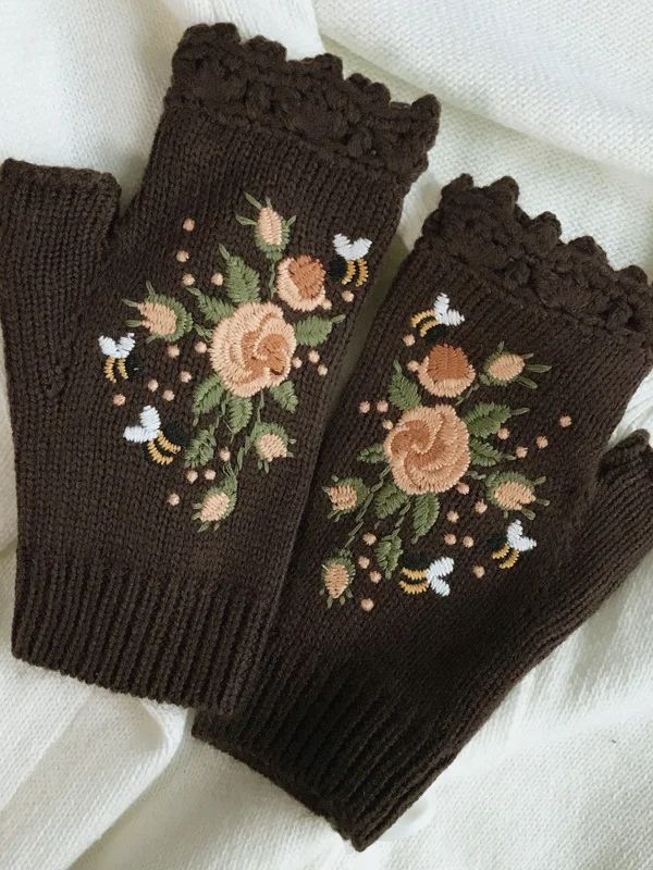 Gants Femmes Élégant Floral Hiver Tricoté Joint Fendu Faire la navette chaleur Régulier