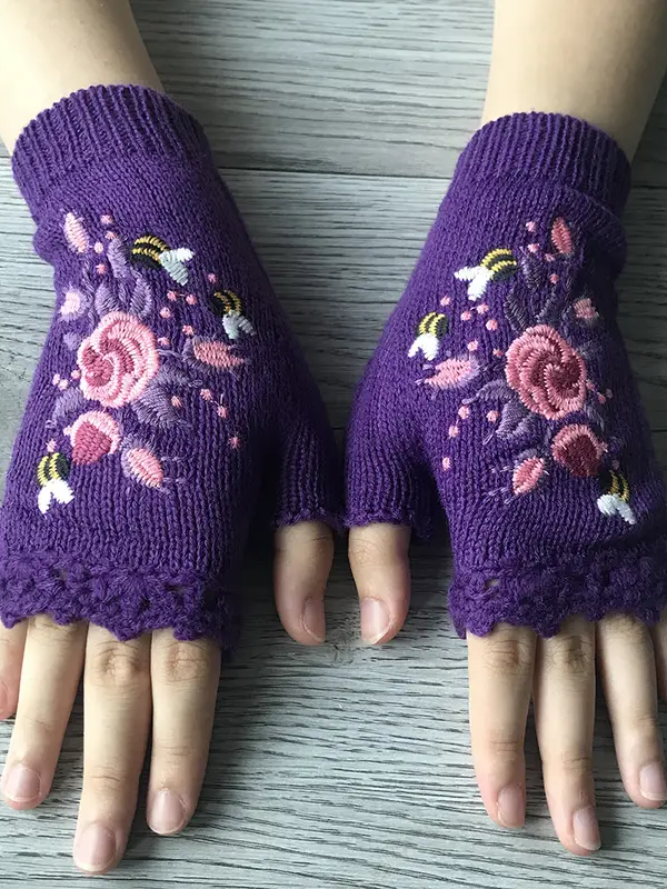 Gants Femmes Élégant Floral Hiver Tricoté Joint Fendu Faire la navette chaleur Régulier