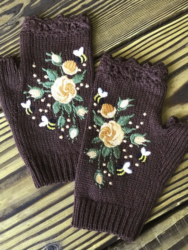Gants Femmes Élégant Floral Hiver Tricoté Joint Fendu Faire la navette chaleur Régulier