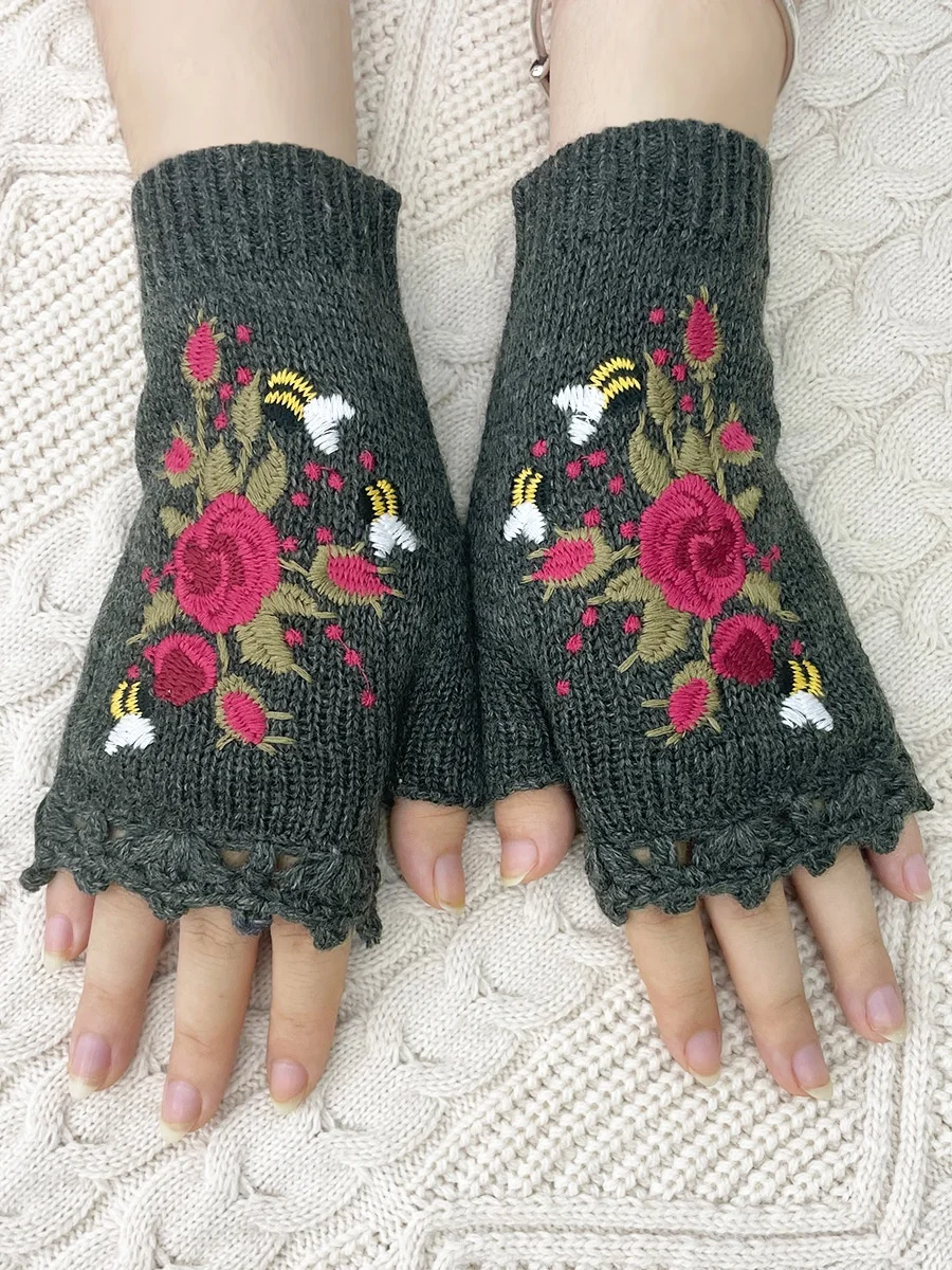 Gants Femmes Élégant Floral Hiver Tricoté Joint Fendu Faire la navette chaleur Régulier