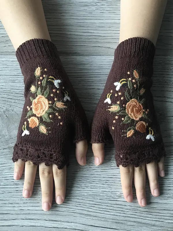 Gants Femmes Élégant Floral Hiver Tricoté Joint Fendu Faire la navette chaleur Régulier