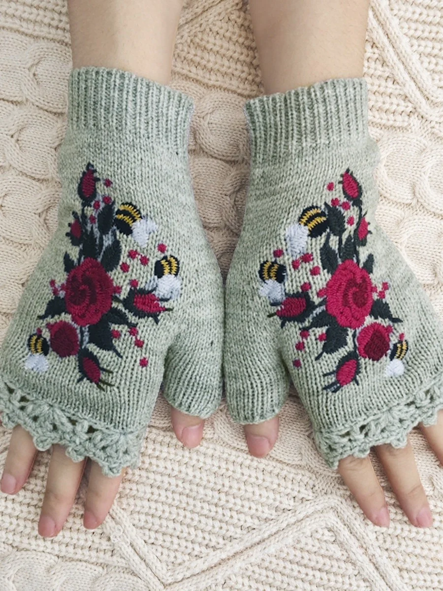 Gants Femmes Élégant Floral Hiver Tricoté Joint Fendu Faire la navette chaleur Régulier