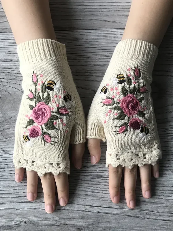 Gants Femmes Élégant Floral Hiver Tricoté Joint Fendu Faire la navette chaleur Régulier