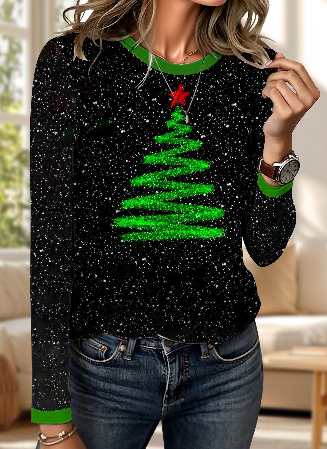 T-shirts Décontracté Floral Printemps / Automne Polyester Micro-élasticité Coupe Régulière Manches Longues Col Rond Trapèze pour Femmes