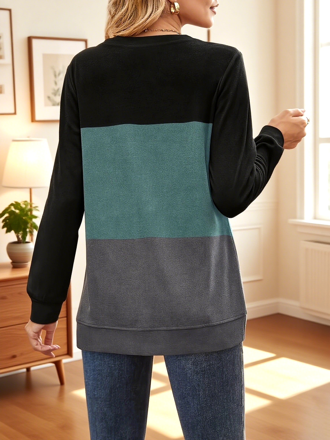 Sweat-shirts Femmes Bloc de Couleur Décontracté Printemps / Automne Quotidien Coupe Régulière Col Rond Régulier Trapèze Régulier