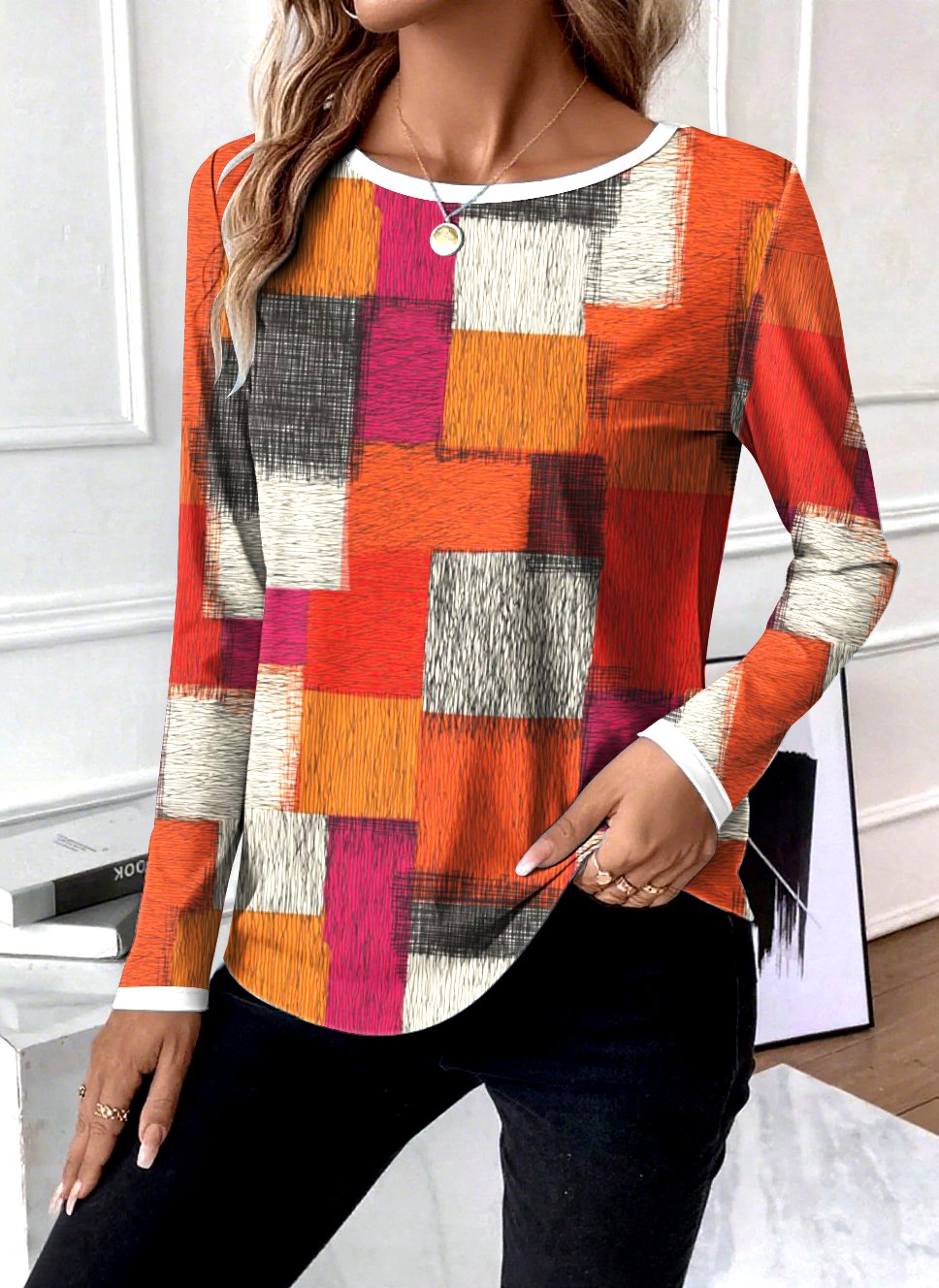 T-shirts Géométrique Décontracté Printemps / Automne Polyester Micro-élasticité Quotidien Coupe Régulière Manches Longues Régulier pour Femmes