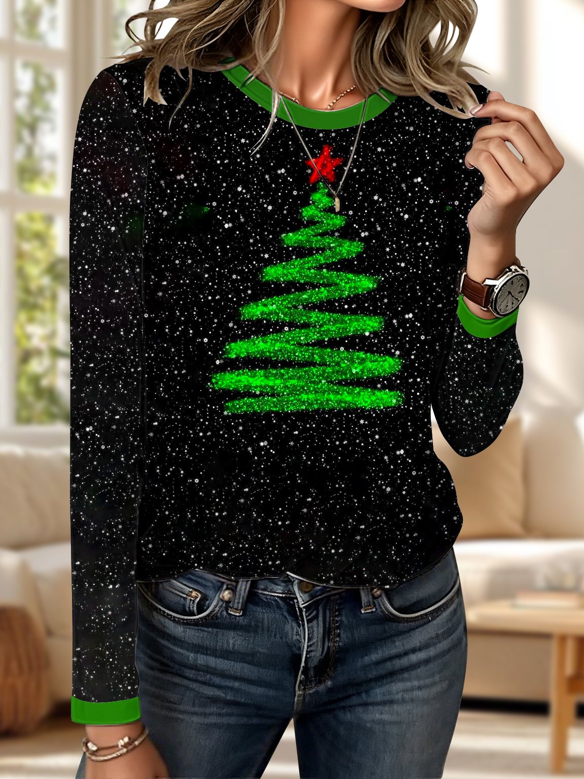 T-shirts Décontracté Floral Printemps / Automne Polyester Micro-élasticité Coupe Régulière Manches Longues Col Rond Trapèze pour Femmes