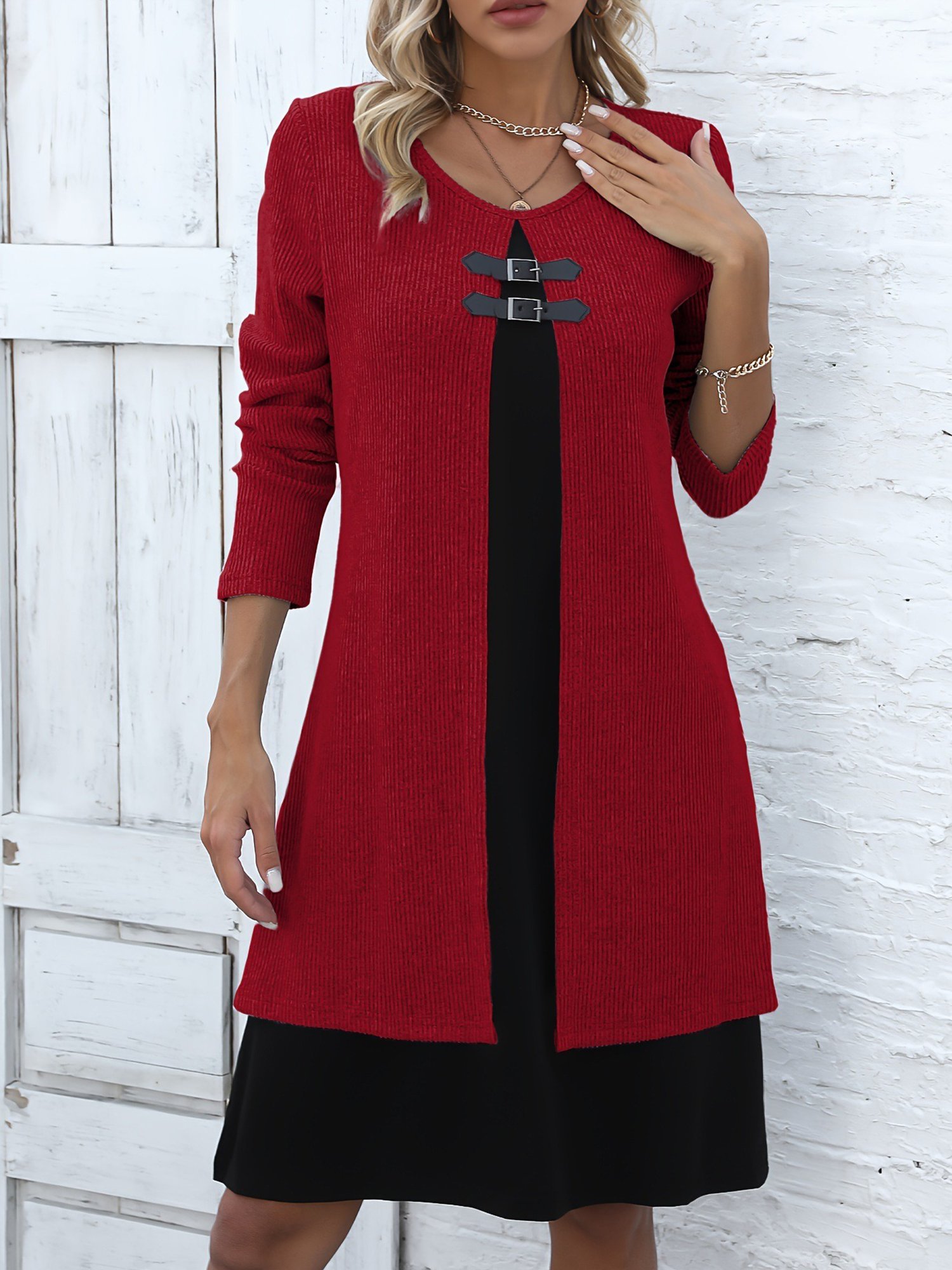 Femmes Bloc de Couleur Gris Col Rond Confortable Robe Mi-Longue Décontracté