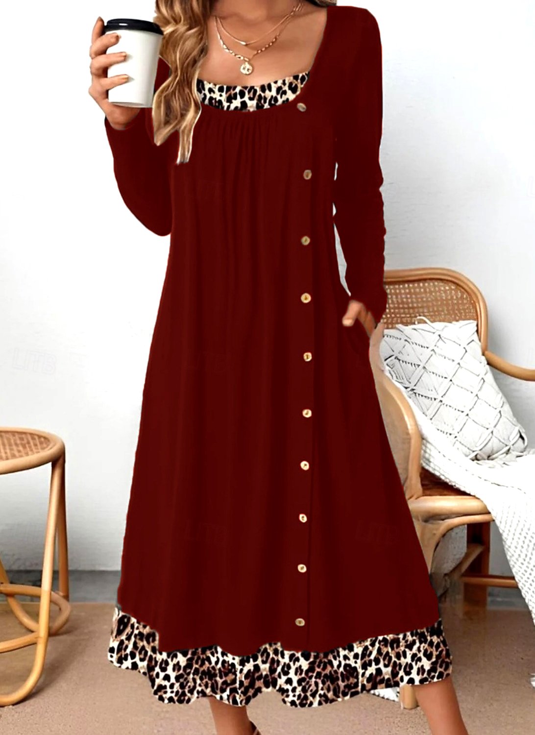 Femmes Bloc de Couleur Noir Col Rond Confortable Robe Maxi Décontracté