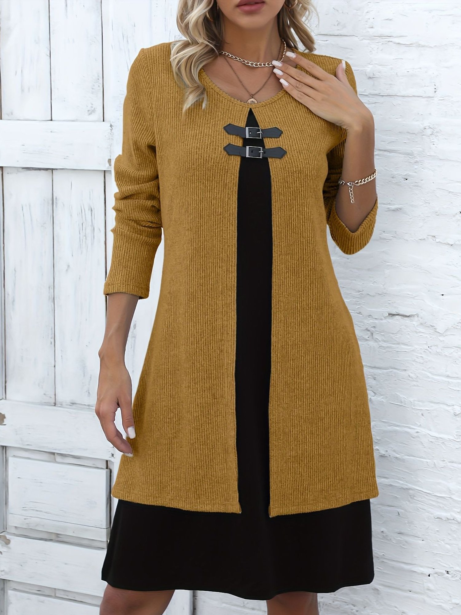 Femmes Bloc de Couleur Gris Col Rond Confortable Robe Mi-Longue Décontracté