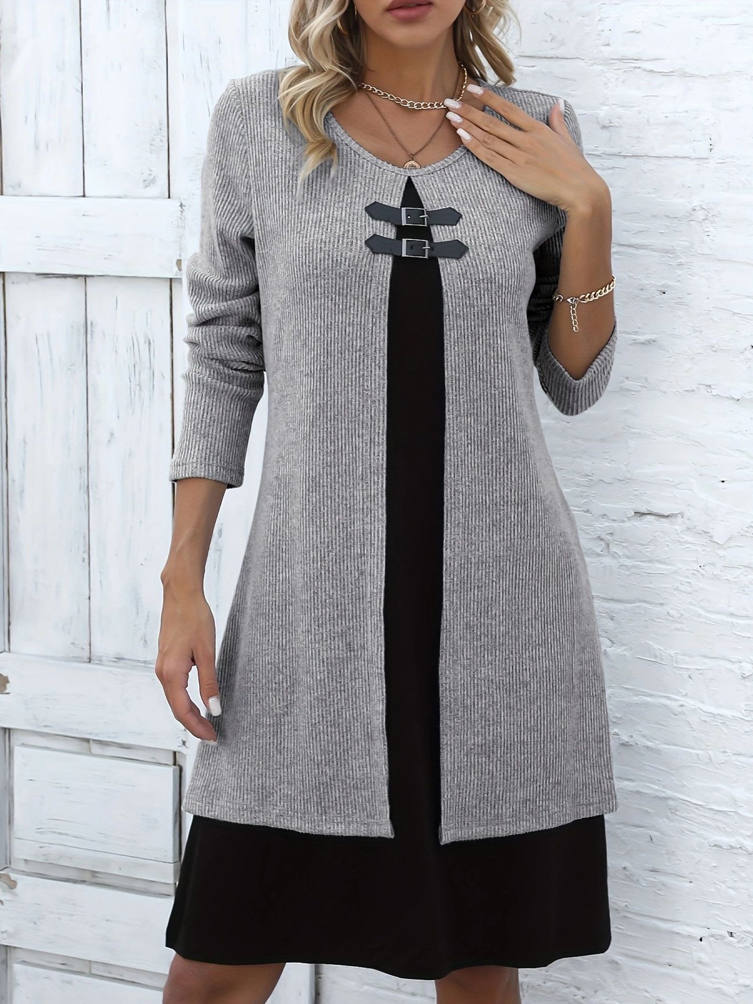 Femmes Bloc de Couleur Gris Col Rond Confortable Robe Mi-Longue Décontracté