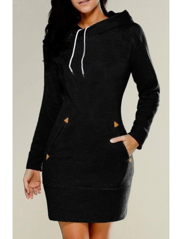 Femmes Plain Vert Sweat-shirt à Capuche Confortable Joint Fendu Mini Robe Rétro