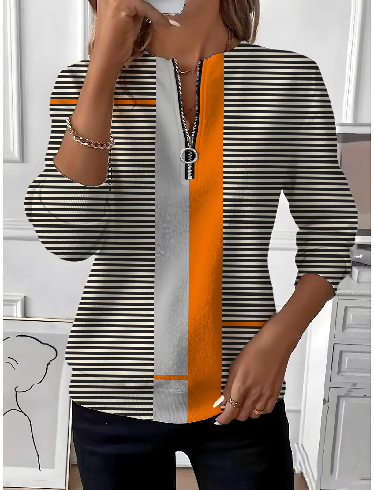 Sweat-shirts Femmes Rayé Simple Printemps / Automne Naturel Quotidien Manches Longues Col Rond Régulier Régulier