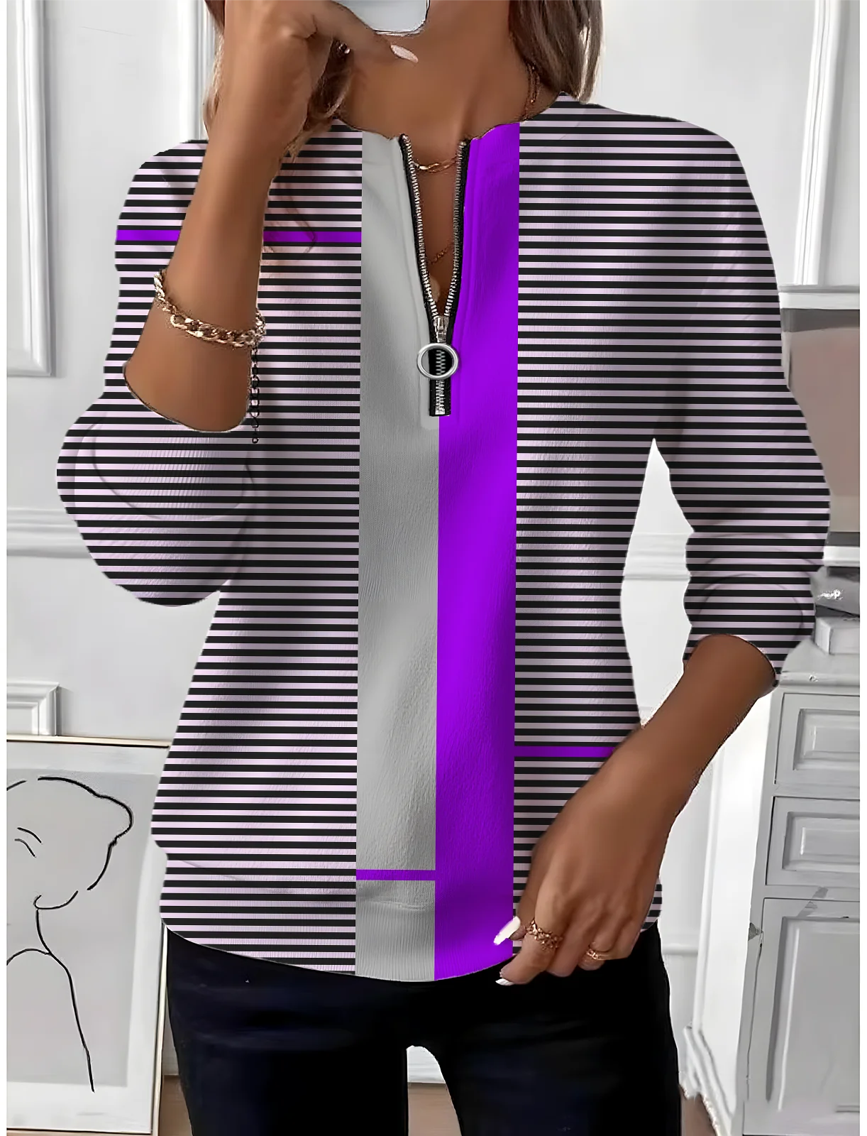 Sweat-shirts Femmes Rayé Simple Printemps / Automne Naturel Quotidien Manches Longues Col Rond Régulier Régulier