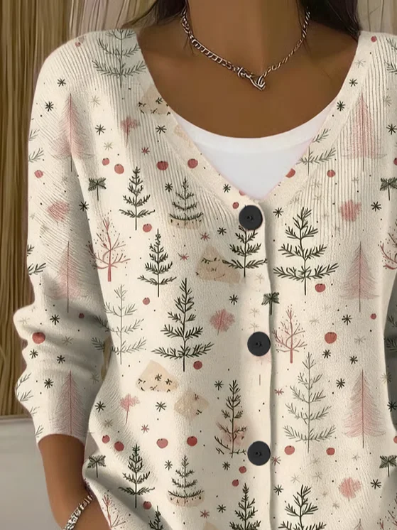 Cardigans Femmes Décontracté Printemps / Automne Sapin de Noël Polyester Col V Domestique Ample Droit Régulier