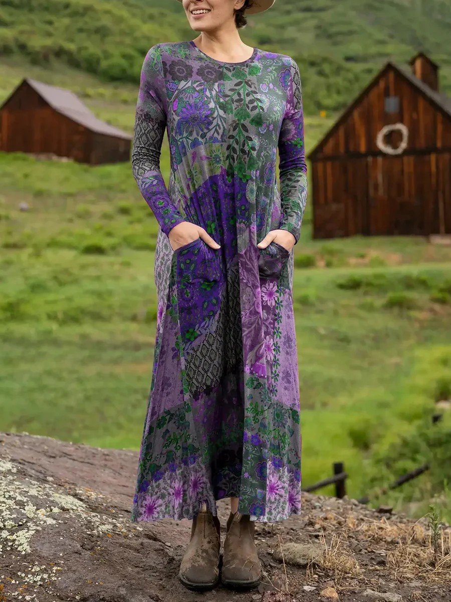 Femmes Géométrique Bleu Foncé Col Rond Confortable La longueur du sol Robe Rétro