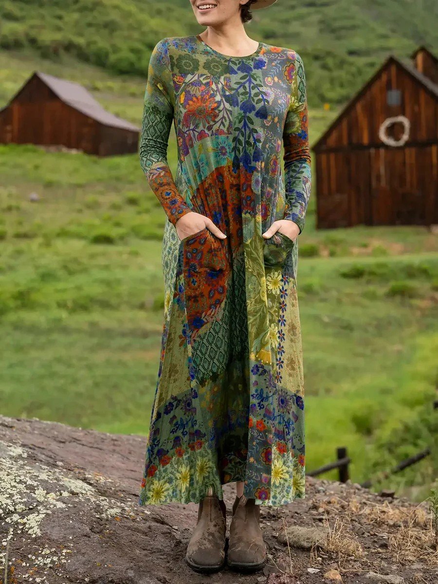 Femmes Géométrique Bleu Foncé Col Rond Confortable La longueur du sol Robe Rétro