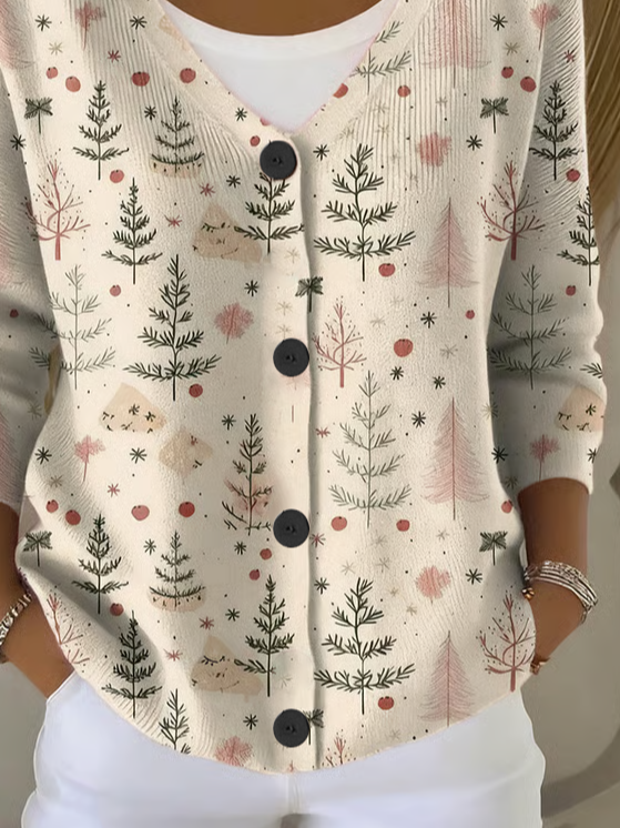 Cardigans Femmes Décontracté Printemps / Automne Sapin de Noël Polyester Col V Domestique Ample Droit Régulier