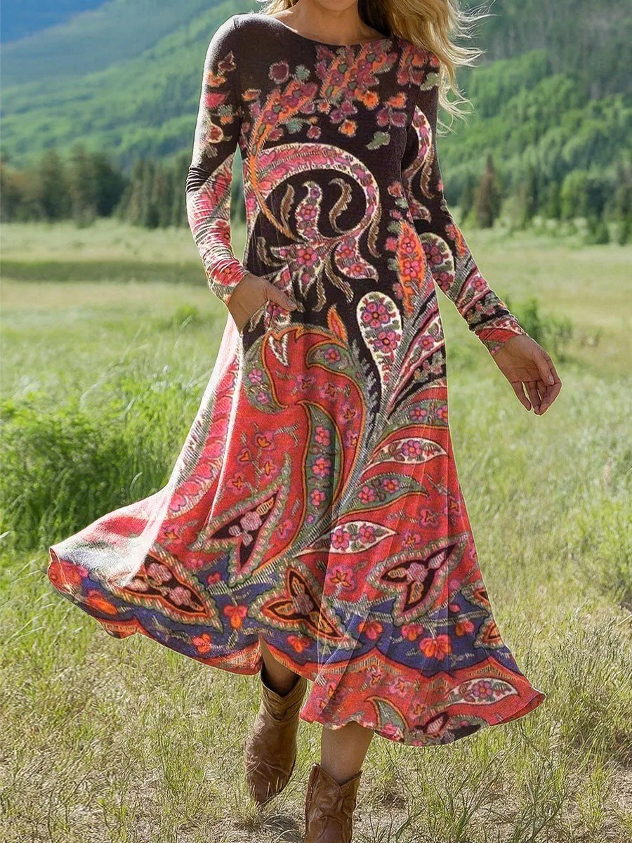 Femmes Géométrique Noir Col Rond Confortable La longueur du sol Robe Rétro