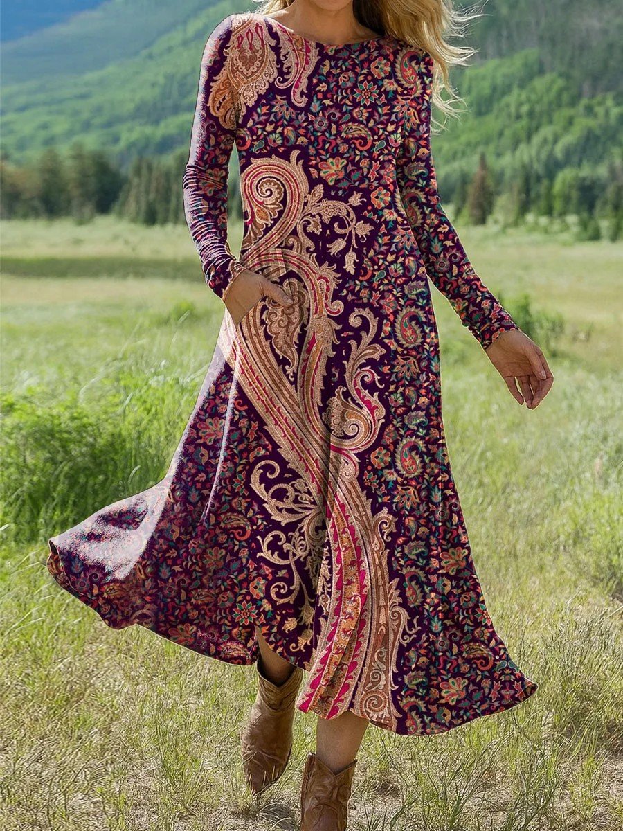 Femmes Géométrique Noir Col Rond Confortable La longueur du sol Robe Rétro