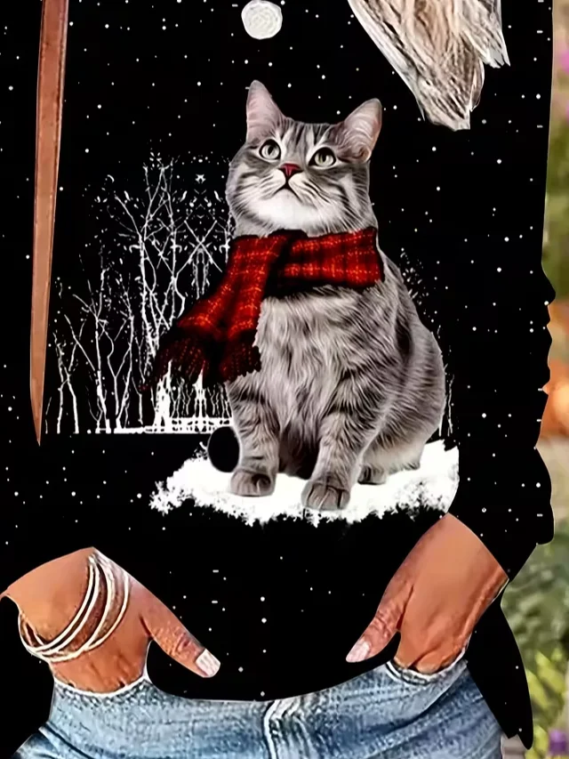 T-shirts Femmes Décontracté Printemps / Automne Chat Imprimé Quotidien Ample Manches Longues Col Rond Droit