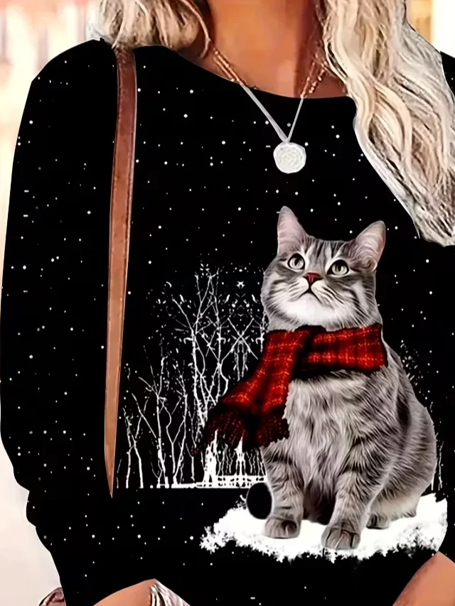 T-shirts Femmes Décontracté Printemps / Automne Chat Imprimé Quotidien Ample Manches Longues Col Rond Droit