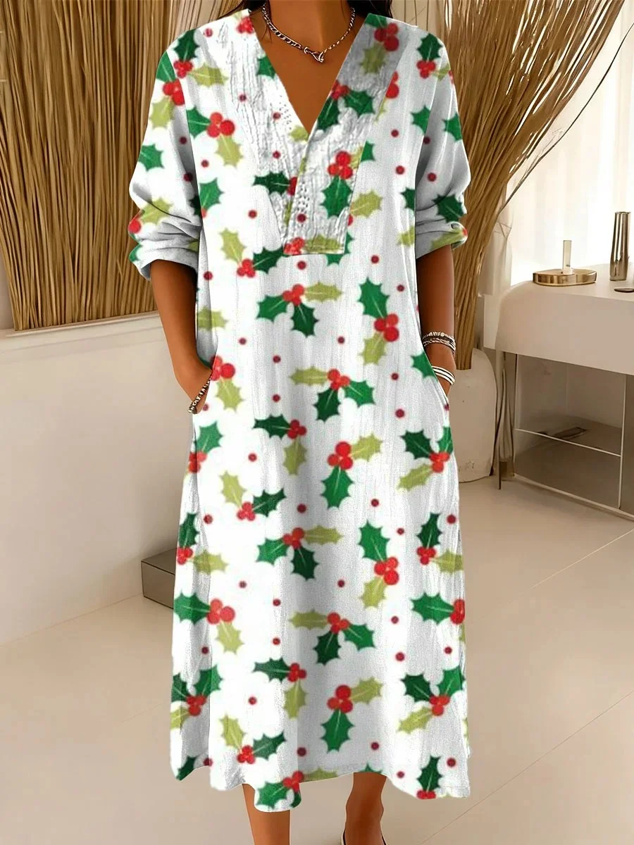 Femmes Noël Couleur 1 Col V Confortable Robe Maxi Rétro
