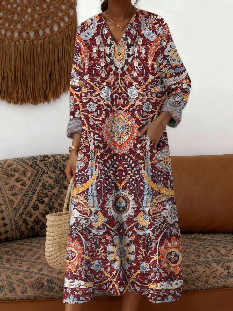 Femmes Géométrique Couleur 1 Col V Confortable Robe Maxi Rétro