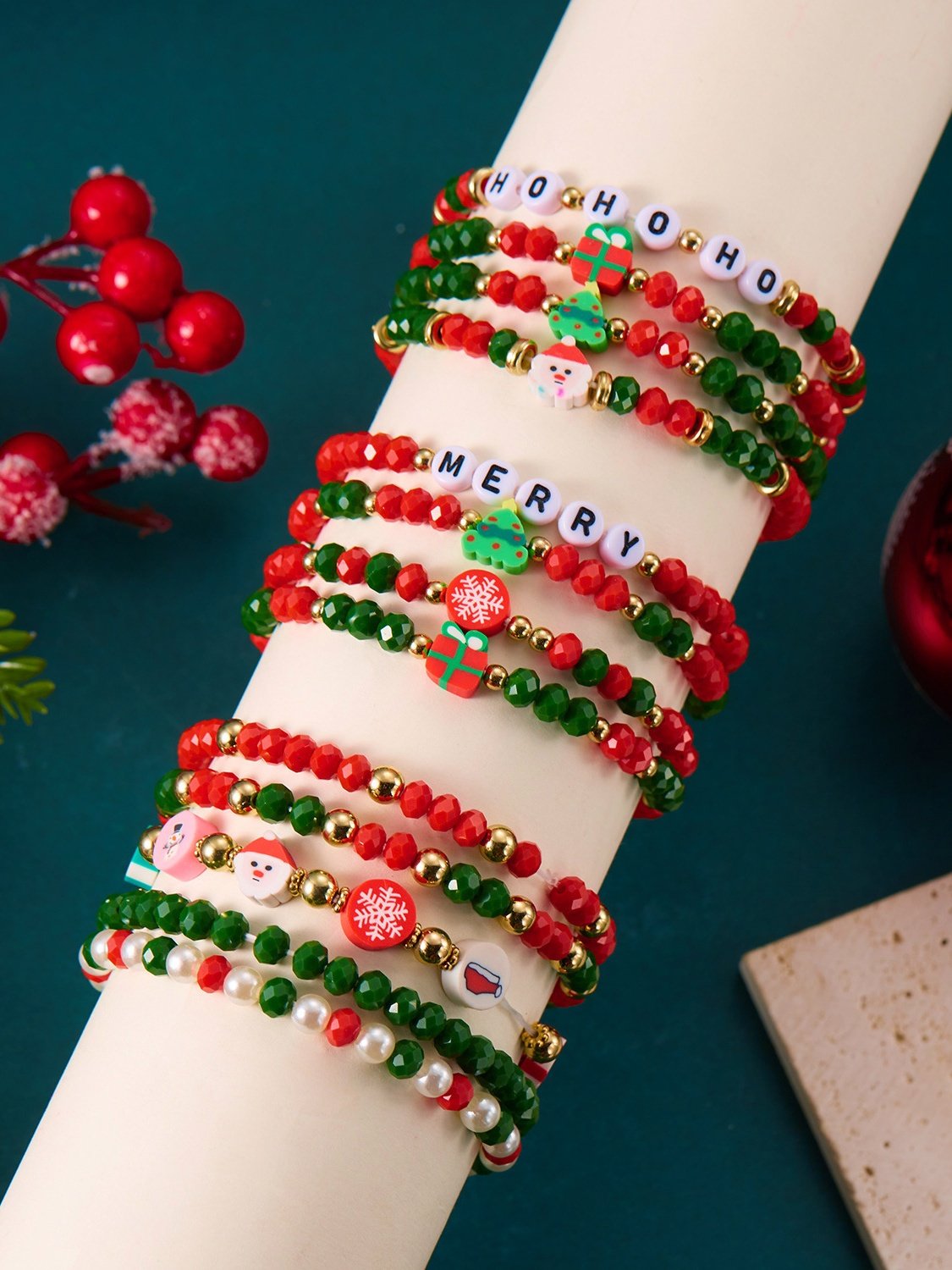 Bracelets Nerveux Flocon de Neige Toutes Les Saisons Tressé Vacances en Bois Noël multicouche Bracelet pour Femmes