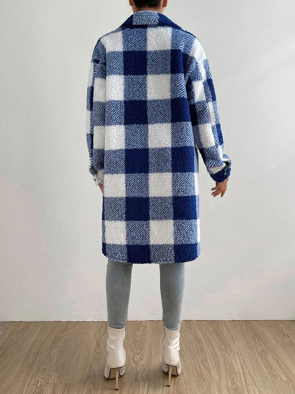 Micro-élasticité Col Châle Manches Longues Poids lourd Plaid Veste en flanelle Manteau Imprimé pour Femmes