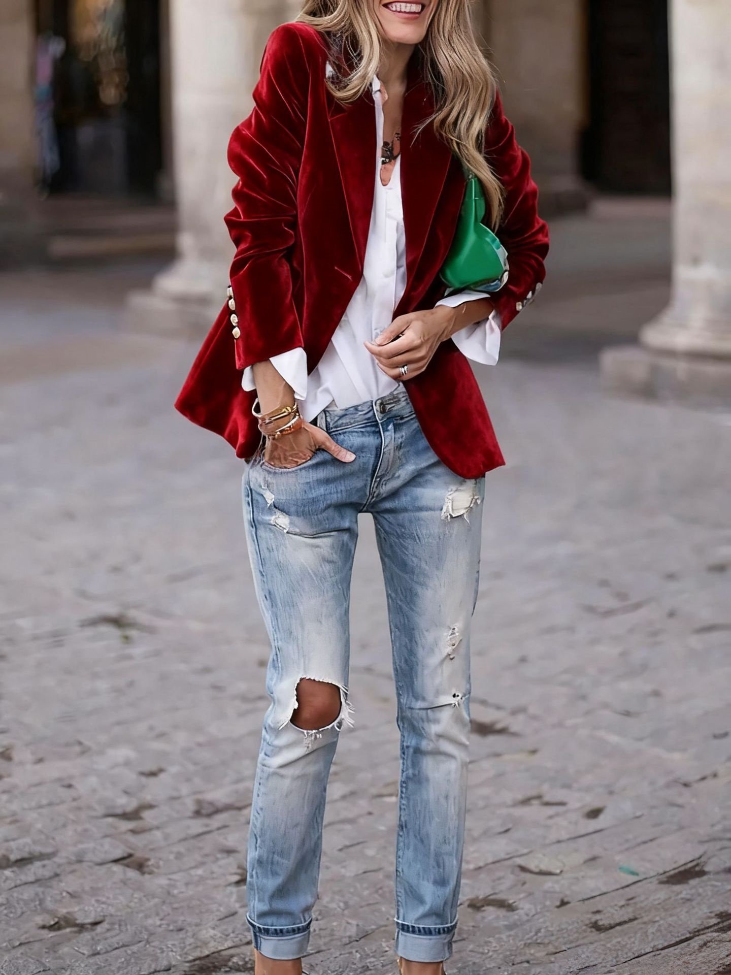 Micro-élasticité à Col Revers Manches Longues Boutons Régulier Plain Blazer Joint Fendu pour Femmes