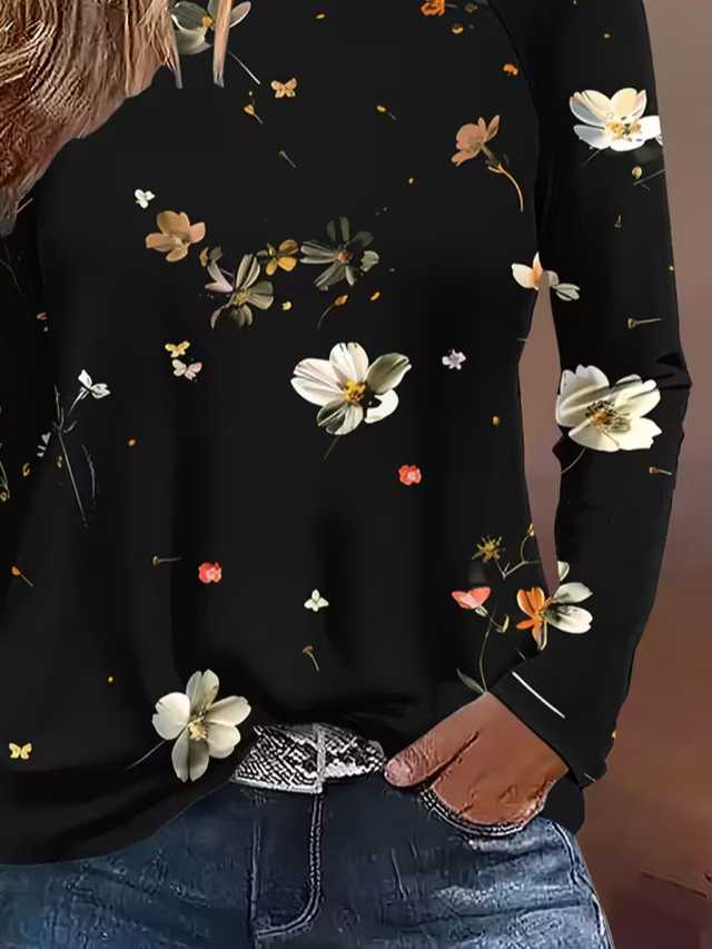 T-shirts Décontracté Floral Printemps / Automne Micro-élasticité Quotidien Manches Longues Régulier Droit Régulier pour Femmes