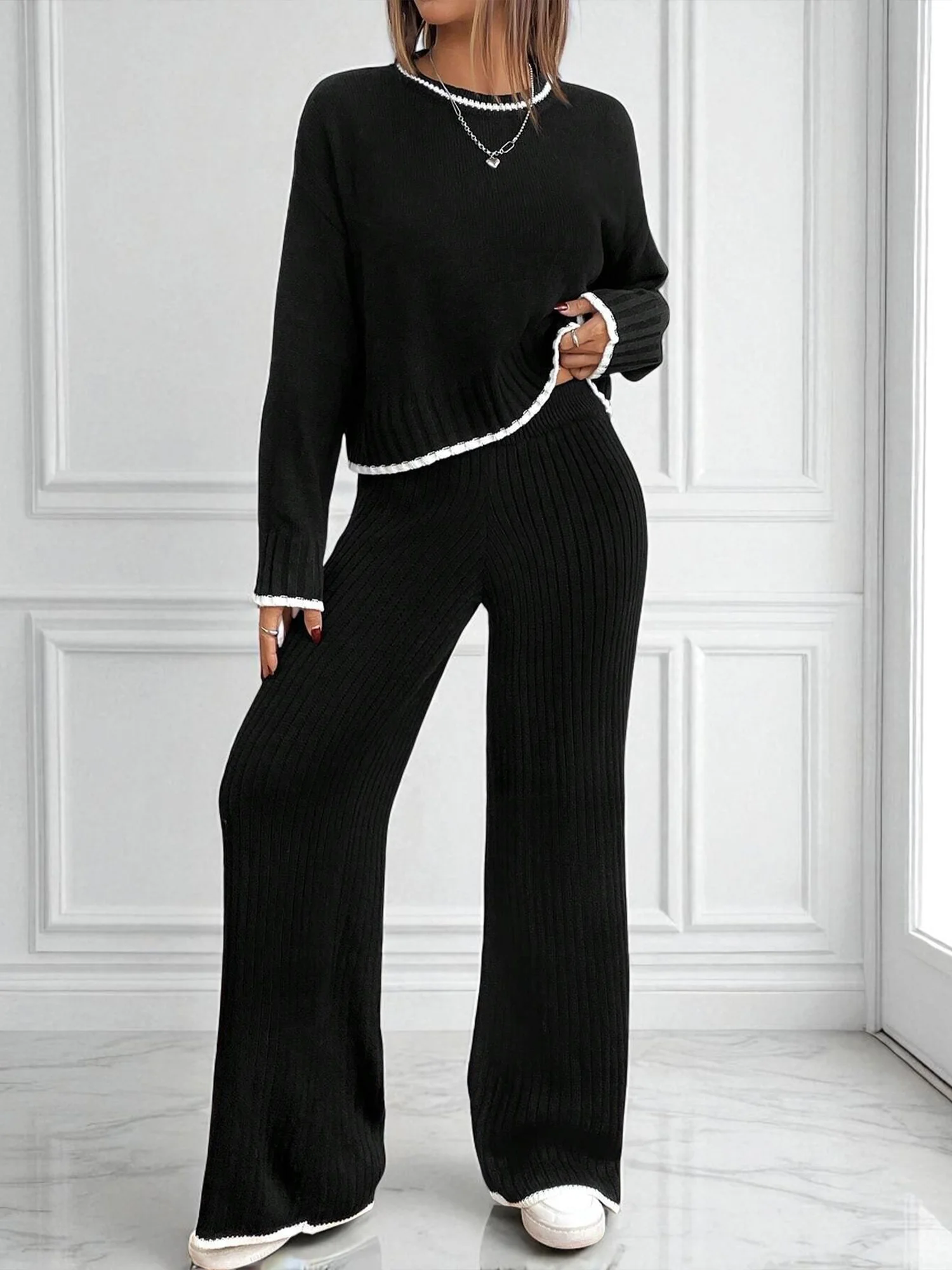 Deux Pièces Ensembles Décontracté Bloc de Couleur Printemps / Automne Polyester Quotidien Coupe Régulière Manches Longues Top Avec Pantalons Droit pour Femmes