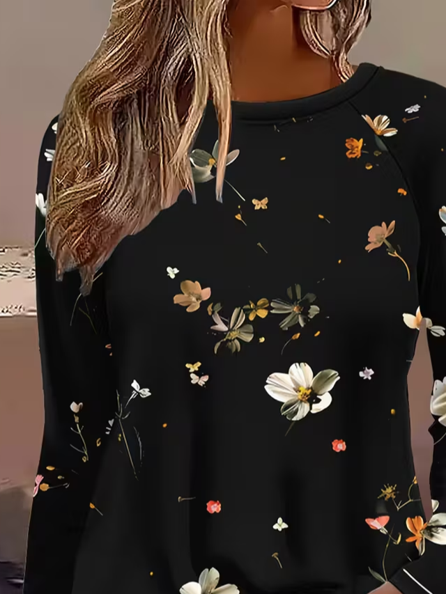 T-shirts Décontracté Floral Printemps / Automne Micro-élasticité Quotidien Manches Longues Régulier Droit Régulier pour Femmes