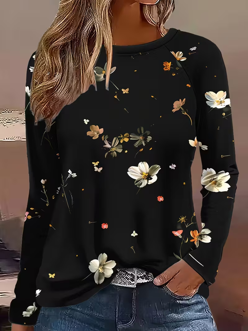 T-shirts Décontracté Floral Printemps / Automne Micro-élasticité Quotidien Manches Longues Régulier Droit Régulier pour Femmes