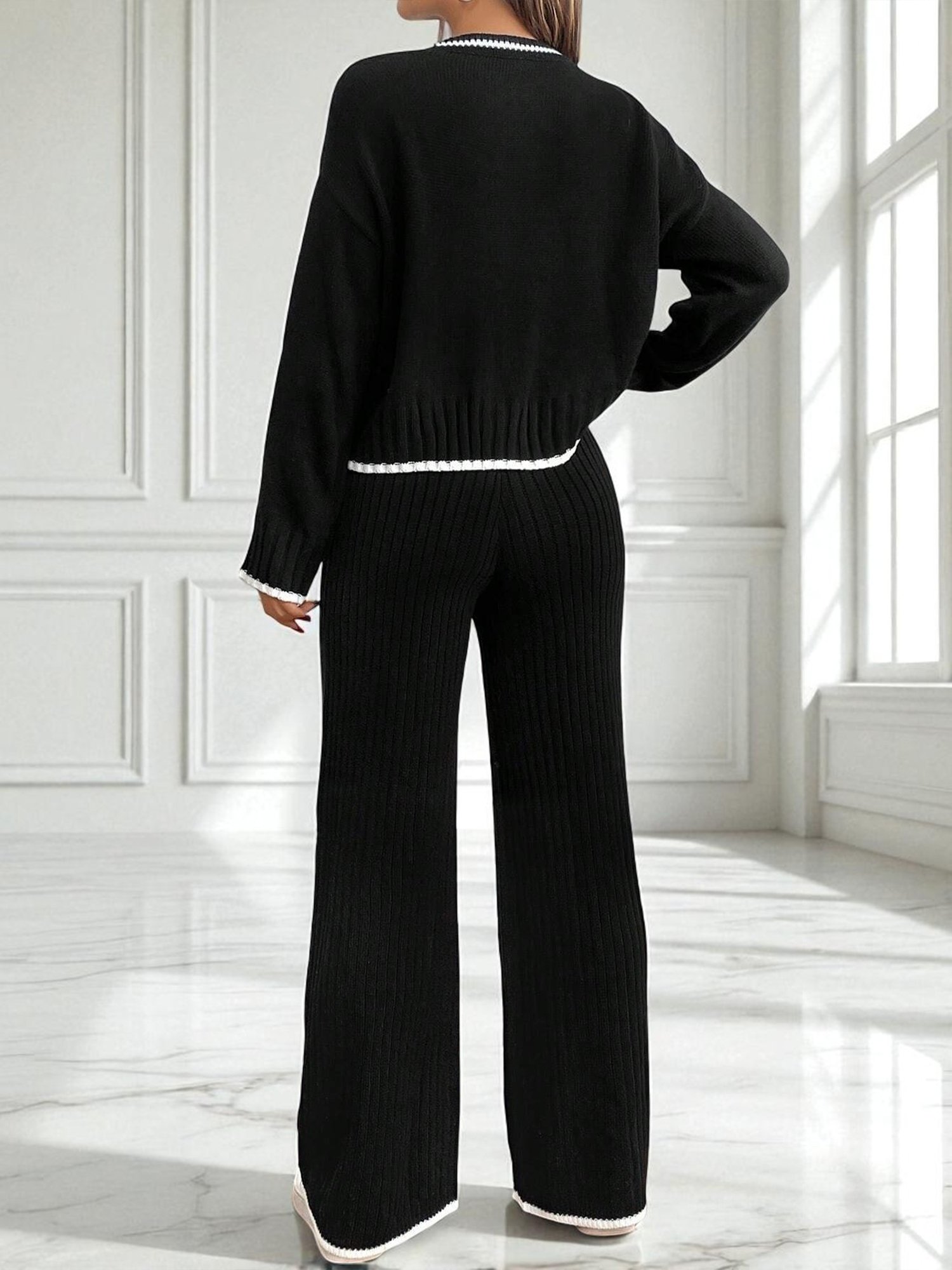 Deux Pièces Ensembles Décontracté Bloc de Couleur Printemps / Automne Polyester Quotidien Coupe Régulière Manches Longues Top Avec Pantalons Droit pour Femmes