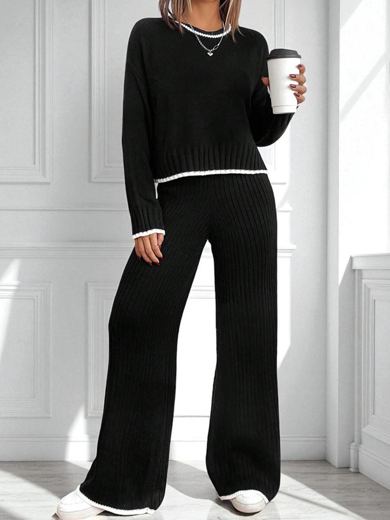 Deux Pièces Ensembles Décontracté Bloc de Couleur Printemps / Automne Polyester Quotidien Coupe Régulière Manches Longues Top Avec Pantalons Droit pour Femmes