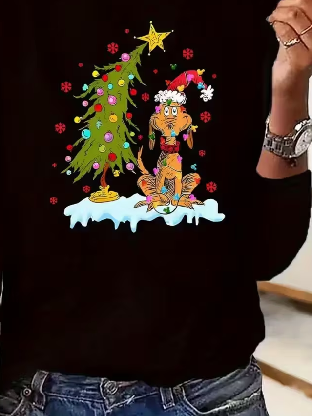 T-shirts Femmes Décontracté Printemps / Automne Sapin de Noël Ample Jersey Manches Longues Col Rond Régulier Régulier