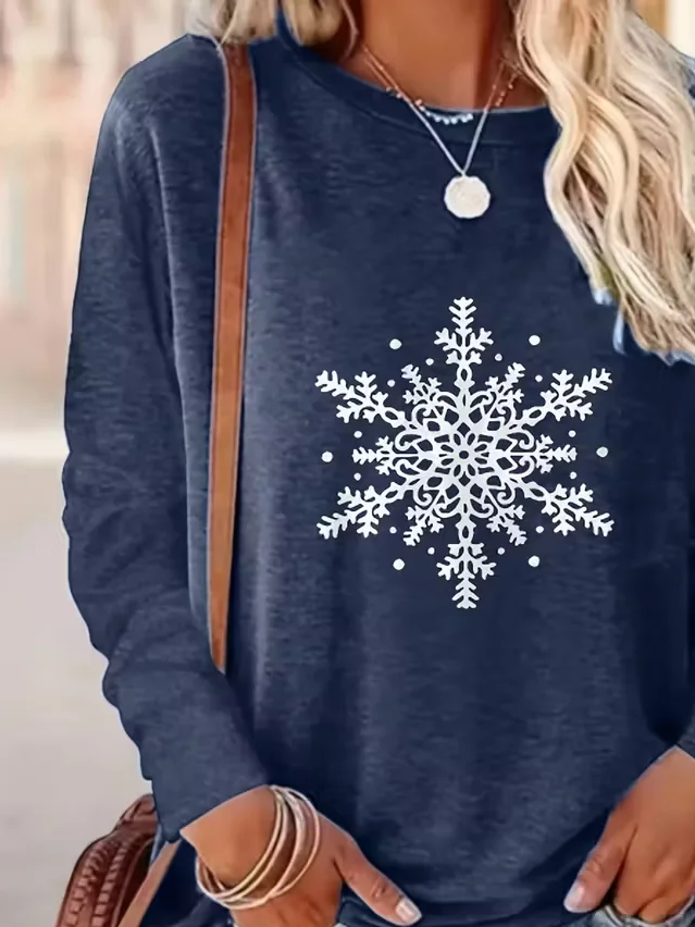 T-shirts Décontracté Printemps / Automne Flocon de Neige Imprimé Micro-élasticité Quotidien Ample Manches Longues Régulier pour Femmes