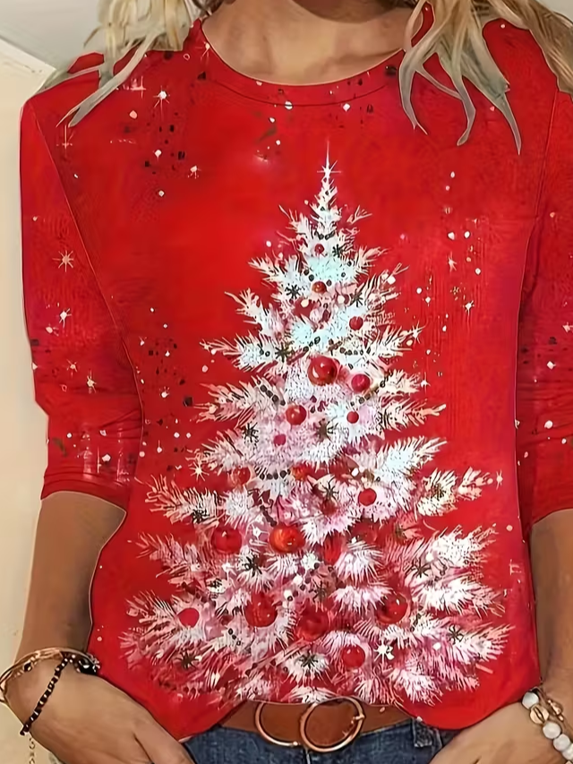 T-shirts Femmes Décontracté Printemps / Automne Sapin de Noël Micro-élasticité Ample Jersey Manches Longues Col Rond Régulier