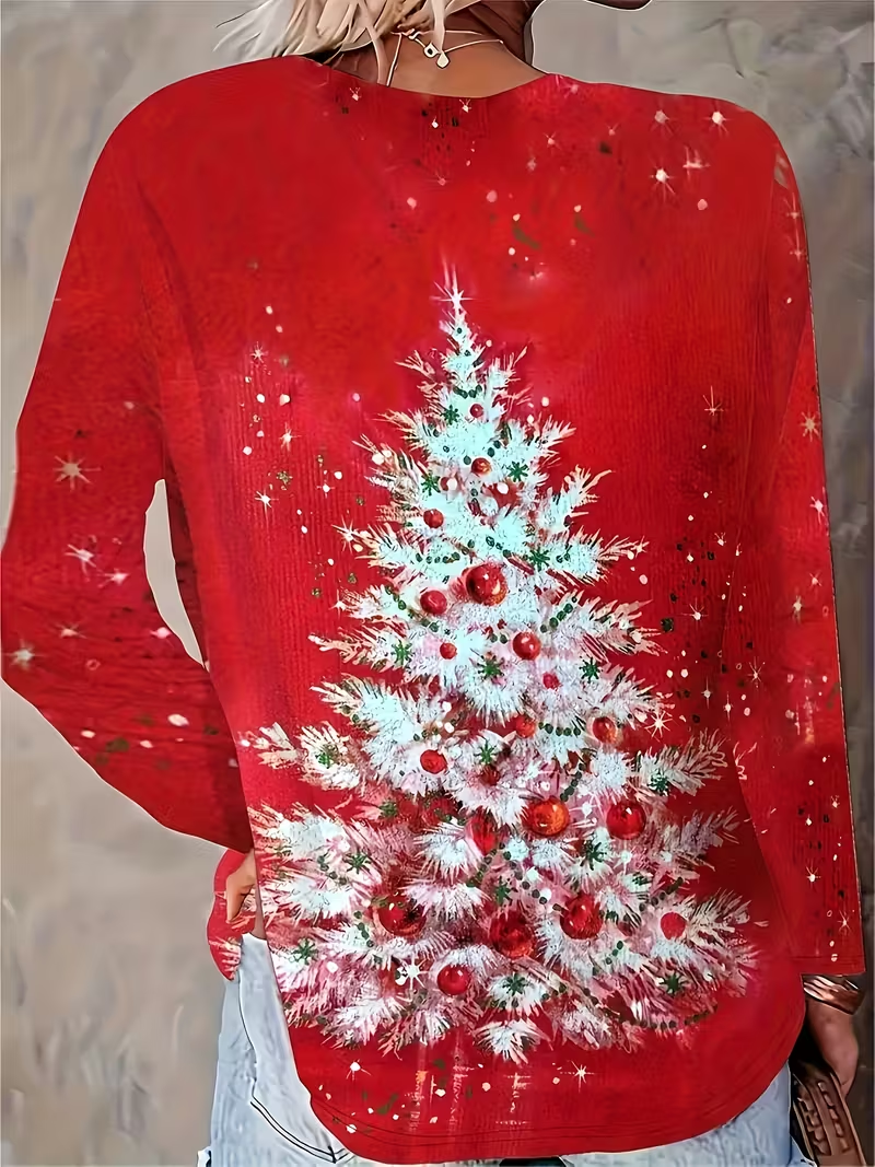 T-shirts Femmes Décontracté Printemps / Automne Sapin de Noël Micro-élasticité Ample Jersey Manches Longues Col Rond Régulier