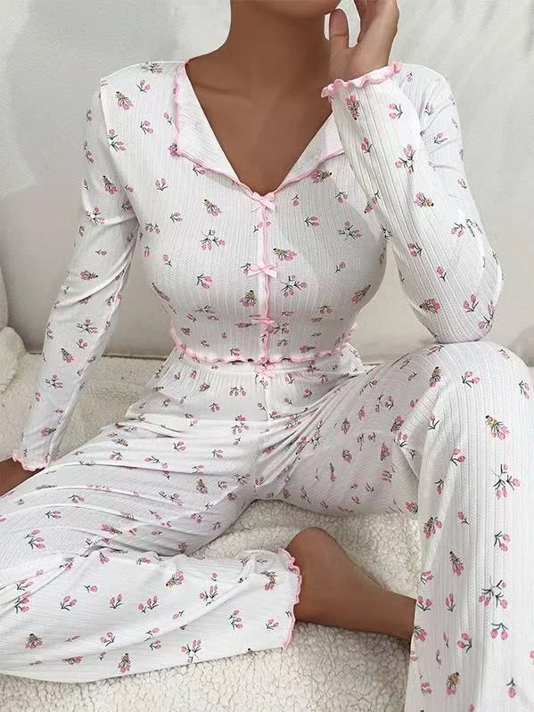 salon Ensembles Décontracté Floral Toutes Les Saisons Polyester Naturel Quotidien Coupe Régulière Manches Longues Droit pour Femmes