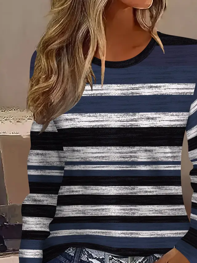 T-shirts Rayé Décontracté Printemps / Automne Imprimé Micro-élasticité Quotidien Jersey Col Rond Régulier pour Femmes