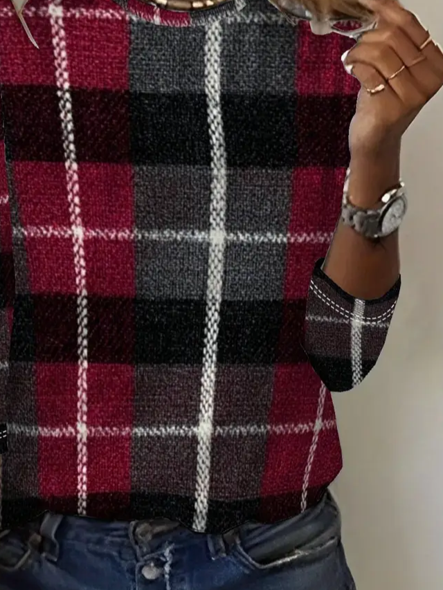 T-shirts Femmes Décontracté Printemps / Automne Plaid Imprimé Quotidien Jersey Manches Longues Col Rond Régulier