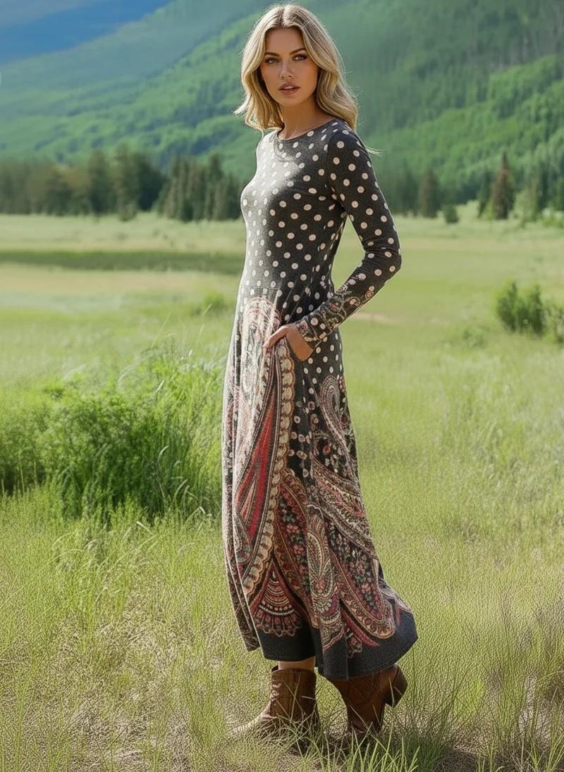 Femmes Floral Comme Image Col Rond Confortable La longueur du sol Robe Rétro