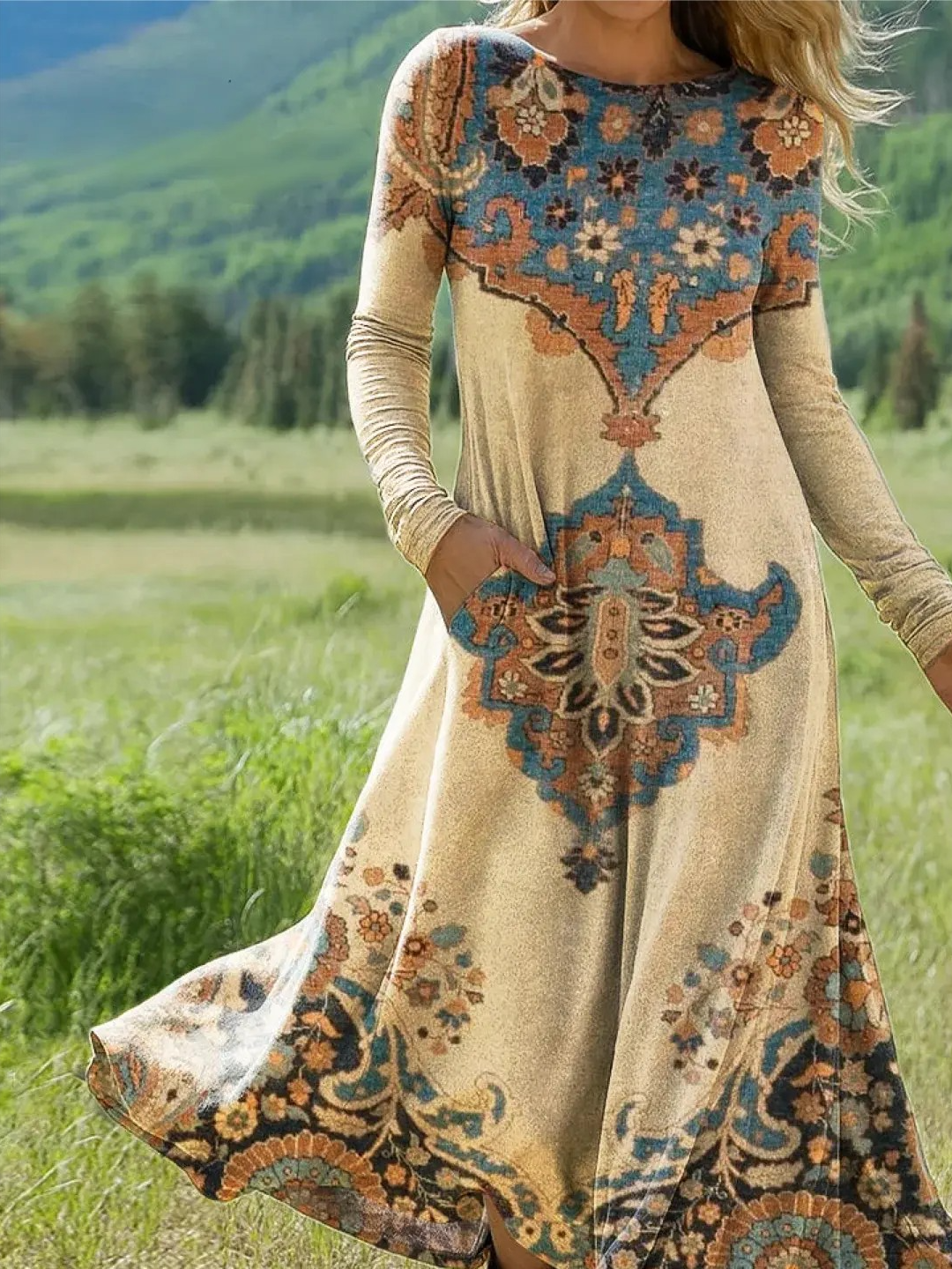 Femmes Géométrique Comme Image Col Rond Confortable La longueur du sol Robe Rétro