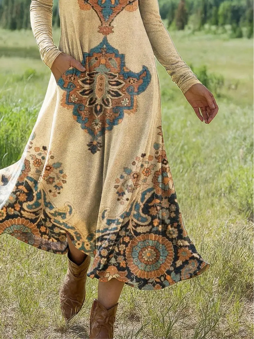 Femmes Géométrique Comme Image Col Rond Confortable La longueur du sol Robe Rétro